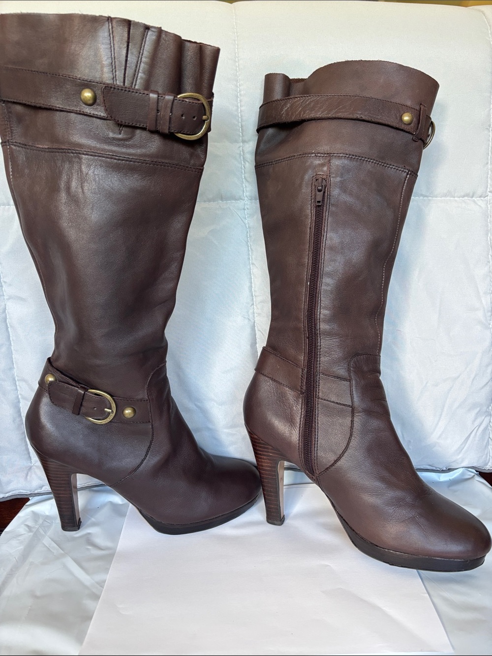 Zigi Soho Dark Brown Leather Knee-High Heeled Boots with Buckle